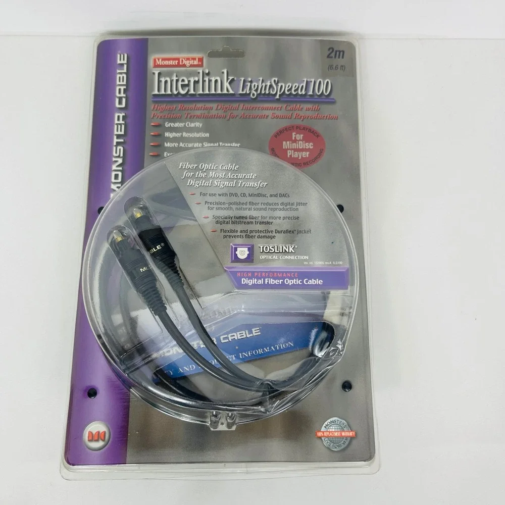 Monster Interlink LightSpeed 100 Digital Fiber Optic Toslink Cable 2m Black NEW